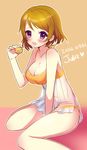  arm_support artist_name bad_id bad_pixiv_id between_legs blush breasts brown_hair chemise dated food food_on_body food_on_face juke koizumi_hanayo large_breasts love_live! love_live!_school_idol_project macaron open_mouth purple_eyes short_hair sitting solo 
