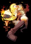  blonde_hair breasts fire gauntlets long_hair lyrics medium_breasts open_mouth red_eyes rwby silversirius solo very_long_hair yang_xiao_long 