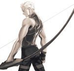  archer arms_at_sides back bare_shoulders bow_(weapon) brown closed_mouth cowboy_shot fate/stay_night fate_(series) fingerless_gloves from_side frown gloves holding holding_bow_(weapon) holding_weapon looking_away male_focus monochrome muscle pants profile shirt simple_background sleeveless sleeveless_shirt solo taa_(acid) thigh_strap weapon white_background white_hair 