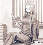  book breasts denim fate/hollow_ataraxia fate_(series) glasses jeans large_breasts long_hair monochrome pants reading ribbed_sweater rider sitting solo sweater taa_(acid) turtleneck very_long_hair 