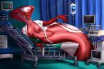 absurd_res anthro apode areola big_breasts breasts clock clothing draconcopode fangs female genitals green_eyes hat headgear headwear hi_res iv_bag legless lying naga newalein nipples nurse_clothing nurse_hat nurse_headwear on_side pupils pussy red_body red_scales reptile scales scalie serpentine slit_pupils snake solo teeth watch wristwatch