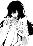  angry bad_id bad_twitter_id black_hair blue_eyes chewing commentary_request erubo frown greyscale long_hair looking_at_viewer monochrome original scowl scratches sitting solo spot_color white_background 