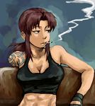  abs black_lagoon breasts brown_eyes brown_hair cigarette cleavage couch fingerless_gloves gloves jitome large_breasts long_hair midriff mimiyama_kiichi revy_(black_lagoon) sitting smoking solo tank_top tattoo 