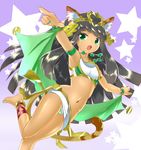  animal_ears anklet armlet armpits bandeau bare_shoulders barefoot bastet_(p&amp;d) black_hair bra-cky bracer cat_ears cat_tail collarbone dark_skin egyptian egyptian_clothes fingernails green_eyes green_nails groin jewelry leg_up long_hair midriff miniskirt nail_polish navel necklace open_mouth panties pantyshot pantyshot_(standing) pointing purple_background puzzle_&amp;_dragons skirt solo standing star striped striped_panties tail tiara toenail_polish toenails underwear white_skirt 