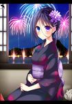  blue_eyes blush fire flower hair_flower hair_ornament hair_up heterochromia japanese_clothes kimono nishi_minami obi original purple_eyes sash short_hair sitting solo suterii water window 