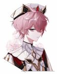  1boy ahoge artist_name beret closed_mouth commentary_request dahlia dahlia_(genshin_impact) ego_(ego_inp) expressionless eyelashes floral_background flower genshin_impact gold_trim hair_between_eyes hat highres looking_at_viewer male_focus name_connection object_namesake pink_flower pink_hair purple_eyes shirt short_hair solo tassel twitter_username upper_body watermark white_background white_hat white_shirt 