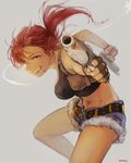  aiming_at_viewer akaneko_(redakanekocat) belt black_lagoon breasts brown_eyes cigarette denim denim_shorts dual_wielding finger_on_trigger fingerless_gloves from_side gloves grin gun handgun holding holding_gun holding_weapon long_hair medium_breasts midriff outstretched_arm pistol ponytail red_hair revy_(black_lagoon) short_shorts shorts smile smoking solo tank_top weapon 