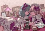  2girls absurdres blonde_hair blue_hair blush bow bowl closed_mouth commentary cup dress drinking_glass flandre_scarlet hair_bow hat head_rest heart heart_in_eye highres lamp long_sleeves looking_at_viewer lying medium_hair mob_cap multiple_girls on_stomach petticoat photo_(object) picture_frame red_eyes remilia_scarlet siblings sisters symbol-only_commentary symbol_in_eye tamagogayu1998 touhou white_dress 