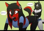  all_fours anthro canine clothing dialog duo ear_piercing english_text female hair humor long_hair mammal naomi nnecgrau open_mouth piercing shirt shorts surprise text thong tongue tongue_out wedgie wolf zoe 