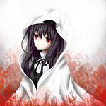  akemi_homura bad_id bad_pixiv_id black_hair blanket dress flower funeral_dress highres long_hair mahou_shoujo_madoka_magica mahou_shoujo_madoka_magica_movie red_eyes sheya simple_background solo spider_lily spoilers 