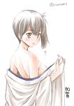  back bare_shoulders blush body_blush brown_eyes brown_hair fujishima_shinnosuke highres kaga_(kantai_collection) kantai_collection open_clothes open_mouth short_hair side_ponytail solo sweat twitter_username white_background 