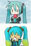  2girls chibi crossover eating food fruit hatsune_miku league_of_legends lowres multiple_girls onigiri rice_ball sona_buvelle vocaloid watermelon 