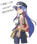  1girl baseball_cap belt black_hat black_necktie blue_hair blue_pants chest_harness collared_shirt cowboy_shot denim dress_shirt from_behind harness hat jeans kantai_collection long_hair looking_at_viewer looking_back midriff multicolored_hair necktie nonojiten pants red_hair shirt solo south_dakota_(kancolle) south_dakota_(valentine)_(kancolle) translation_request white_shirt yellow_belt 