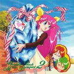  1990s_(style) 3girls ai_tenshi_densetsu_wedding_peach aqua_eyes blue_eyes brown_hair character_name copyright_name dated dress gift gift_bag green_hair hanasaki_momoko hiding holding holding_gift long_hair multiple_girls non-web_source official_art open_mouth outdoors pink_hair red_eyes retro_artstyle scan short_dress solo_focus sparkle standing tamano_hinagiku tanima_yuri wedding_peach 