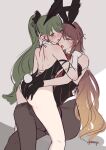 2girls aketa_mikoto animal_ear_hairband animal_ears bare_legs black_leotard black_pantyhose blush brown_eyes brown_hair commentary_request elbow_gloves fake_animal_ears fake_tail gloves grabbing_another&#039;s_ass green_eyes green_hair groping hairband hand_on_another&#039;s_shoulder idolmaster idolmaster_shiny_colors ipomopi leotard long_hair multiple_girls nanakusa_nichika open_mouth pantyhose playboy_bunny ponytail pussy_juice_stain rabbit_ears rabbit_tail strapless strapless_leotard tail tongue tongue_out very_long_hair white_gloves yuri 