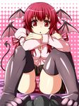  black_legwear breasts bulge cleavage collaboration colorized demon_tail footjob head_wings highres koakuma long_hair medium_breasts mini_wings panties pantyshot pantyshot_(sitting) red_eyes red_hair red_panties samuimu sitting solo_focus striped striped_panties tail thighhighs toes touhou transparent_background underwear wings yagami_(mukage) 