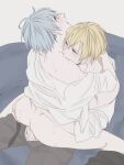  2boys anal arms_around_neck ass biting biting_shoulder black_pants blonde_hair blue_eyes blue_hair blush bottomless commentary_request head_back highres kise_ryouta kuroko_no_basuke kuroko_tetsuya long_sleeves looking_to_the_side male_focus male_penetrated multiple_boys mzpudding open_mouth open_pants pants pants_around_one_leg penis sex shirt straddling sweat tearing_up white_shirt yaoi 