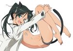  animal_ears bandaid bandaids_on_nipples barefoot black_hair black_panties cat_ears cat_tail fang francesca_lucchini full_body green_eyes jacket looking_at_viewer magu_(syu_uhei) open_mouth panties pasties solo strike_witches tail twintails underwear white_background world_witches_series 