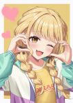  1girl ;d absurdres blonde_hair blush border braid commentary_request fang fujita_kotone gakuen_idolmaster half-heart_hands hands_on_own_cheeks hands_on_own_face heart highres idolmaster jacket long_hair miyuki_kotori multicolored_jacket one_eye_closed shirt skin_fang smile solo twin_braids upper_body white_border yellow_eyes yellow_shirt 