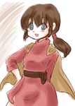  blue_eyes brown_hair cape female hand_on_hip lowres sentou_mecha_xabungle solo virin_nada 