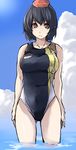  alternate_costume black_hair blue_sky breasts cloud day hat kamukamu_(ars) large_breasts looking_at_viewer one-piece_swimsuit pointy_ears red_eyes shameimaru_aya short_hair sky sleeveless solo swimsuit tokin_hat touhou wading water wet 