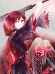  black_footwear boots cape corset cross-laced_footwear lace-up_boots pantyhose red_hair ruby_rose rwby scythe short_hair solo yoshinori_(fmn) 