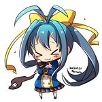  &gt;_&lt; antenna_hair bad_id bad_pixiv_id bag blazblue blazblue_remix_heart blue_hair blush bow chibi closed_eyes genderswap genderswap_(mtf) hair_bow heart kuro_yuzu long_hair mai_natsume ponytail ribbon school_uniform skirt skull solo very_long_hair yellow_bow 