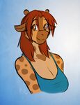  clothed clothing cute female giraffe hair kadath looking_at_viewer mammal puzzle_(character) simple_background smile solo spots 