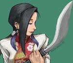  black_hair black_lagoon chinese_clothes earrings half-closed_eyes jewelry knife kukri long_hair mimiyama_kiichi ponytail shenhua short_sword solo sword weapon 