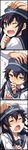  akatsuki_(kantai_collection) black_hair blue_eyes blush closed_eyes fang hand_on_another's_head hat jewelry kantai_collection long_image multiple_views one_eye_closed open_mouth out_of_frame petting ring solo_focus tall_image wavy_mouth yuuji 