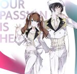  2boys absurdres aqua_eyes arm_behind_back belt black_hair bow brown_hair closed_eyes cropped_jacket grin hair_bow hair_ornament hair_scrunchie hand_in_pocket hand_on_own_chin highres idolmaster idolmaster_side-m jacket jewelry long_hair male_focus maro_np midriff mizushima_saki mole mole_under_eye multiple_boys necklace otoko_no_ko pants parted_lips scrunchie shinonome_soichiro shirt short_hair smile striped_clothes striped_shirt twintails vertical-striped_clothes vertical-striped_shirt waving white_background white_belt white_bow white_hair white_jacket white_pants white_scrunchie 