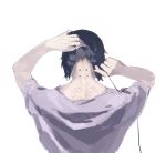  1girl aizheajsee back black_hair cable cyborg from_behind ghost_in_the_shell hair_lift highres kusanagi_motoko medium_hair neck solo subdermal_port white_background 