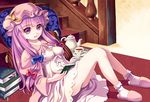  bad_id bad_pixiv_id book bow crescent crescent_hair_ornament cup douji hair_bow hair_ornament hat long_hair patchouli_knowledge purple_eyes purple_hair sitting slippers solo tea teacup teapot touhou very_long_hair 