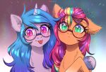 2024 avrameow blush duo earth_pony equid equine eyelashes eyewear female fur glasses green_eyes hasbro hi_res horn horse izzy_moonbow_(mlp) mammal mane mlp_g5 my_little_pony mythological_creature mythological_equine mythology orange_body orange_fur pink_eyes pony purple_body purple_fur simple_background sunny_starscout_(mlp) tongue tongue_out unicorn unicorn_horn