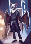 anthro back_wings balls bat bat_wings black_body black_fur black_tie_(suit) cane clothing dress_pants dress_shoes ear_piercing facial_piercing fangs flaccid foreskin fur galder genital_piercing genitals head_tuft hi_res humanoid_genitalia humanoid_penis male mammal megabat membrane_(anatomy) membranous_wings neck_tuft nix_(dez_sabertooth) nose_piercing penis penis_piercing penis_poking_out piercing prince_albert_piercing pubes red_eyes solo suit tail teeth through_clothing tuft white_tail wings