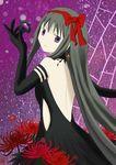  absurdres akemi_homura akuma_homura bare_shoulders black_gloves black_hair bow choker dark_orb_(madoka_magica) dress elbow_gloves flower from_behind gloves hair_bow highres jewelry long_hair looking_at_viewer looking_back mahou_shoujo_madoka_magica mahou_shoujo_madoka_magica_movie purple_eyes simple_background single_earring solo spider_lily spoilers very_long_hair 