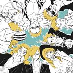  6+boys basil_hawkins bellamy blonde_hair cavendish donquixote_doflamingo enel feathers flower goggles goggles_around_neck hair_over_one_eye hat helmet killer_(one_piece) long_hair lying male male_focus marco mask multiple_boys on_back one_piece sabo_(one_piece) sanji scar spot_color sunglasses tattoo topless 