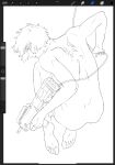 1girl aizheajsee ass back black_outline breasts bullpup completely_nude full_body ghost_in_the_shell greyscale gun highres holding holding_gun holding_weapon kusanagi_motoko medium_breasts medium_hair monochrome nude outline procreate_(medium) soles subdermal_port submachine_gun user_interface weapon white_background 