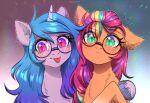 2024 avrameow blush duo earth_pony equid equine eyelashes eyewear female fur glasses green_eyes hasbro hi_res horn horse izzy_moonbow_(mlp) mammal mane mlp_g5 my_little_pony mythological_creature mythological_equine mythology orange_body orange_fur pink_eyes pony purple_body purple_fur simple_background sunny_starscout_(mlp) tongue tongue_out unicorn unicorn_horn