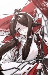  absurdres brown_hair chihaya_(clothing) detached_sleeves foul_detective_satori gohei hair_tubes highres japanese_clothes kimono kosode long_hair long_sleeves looking_at_viewer miko one-hour_drawing_challenge ribbon-trimmed_sleeves ribbon_trim sendai_hakurei_no_miko solo touhou ve1024 white_kimono wide_sleeves 