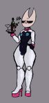 angry anthro arthropod black_body bottom_heavy breasts bunny_costume clothing costume female footwear genitals high_heels hollow_knight hornet_(hollow_knight) latex platform_footwear platform_heels plump_labia pomrotica pomxotic pussy reverse_bunny_costume serving_tray shoes sketch small_breasts solo team_cherry white_latex wide_hips