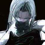  1boy animal armor black_background black_cat black_coat black_gloves cat coat commentary final_fantasy final_fantasy_vii final_fantasy_vii_remake gloves green_eyes grey_hair hair_intakes hayashishisou highres holding holding_animal long_hair looking_at_viewer male_focus parted_bangs photo-referenced portrait sephiroth shoulder_armor slit_pupils solo symbol-only_commentary upper_body 