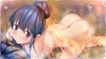  10s 1girl ass back blue_hair blush eyebrows_visible_through_hair gc3 hair_bun highres looking_at_viewer nude parted_lips partially_submerged purple_eyes rock shima_rin solo steam water wet yurucamp 