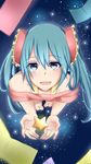  aqua_eyes aqua_hair bare_shoulders hair_ornament hatsune_miku long_hair making_of momo_(momo-maru) open_mouth smile solo star star_(sky) tanabata tanzaku twintails very_long_hair vocaloid 