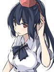  alternate_hair_length alternate_hairstyle black_hair blush bow hat kamukamu_(ars) long_hair looking_at_viewer parted_lips ponytail puffy_sleeves red_eyes shameimaru_aya shirt short_sleeves simple_background solo tokin_hat touhou upper_body white_background 