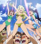  6+boys arms_up barinbo bikini blonde_hair blue_sky blush breasts brown_hair cloud day gabal_docker glasses highres jogan kidd_coega kittan makken multiple_boys multiple_girls navel navel_cutout one-piece_swimsuit purple_hair screencap siblings side-tie_bikini sisters sky smile stitched swimsuit tengen_toppa_gurren_lagann third-party_edit twintails underboob volleyball zoushi_kanai 