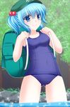  backpack bad_id bad_pixiv_id bag blue_eyes blue_hair blush breasts cabbie_hat collarbone covered_navel forest glitter hair_bobbles hair_ornament hat highres kawashiro_nitori looking_at_viewer nature one-piece_swimsuit rock school_swimsuit shimotsuki_keisuke short_hair short_twintails skindentation small_breasts smile solo standing swimsuit touhou tree twintails two_side_up wading water 