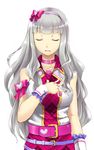  breasts check_my_note closed_eyes commentary_request heart highres idolmaster idolmaster_(classic) idolmaster_one_for_all long_hair maa-san_(dammerung) medium_breasts shijou_takane silver_hair simple_background solo white_background 
