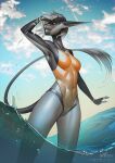 acrador acrador_project anthro artist_collaboration athletic bracelet breasts camel_toe clothing cybernetics fangs female gold_(metal) gold_jewelry grey_body hair hi_res highleg jewelry latex machine mindmachine muscle_tone navel navel_outline neoprene okithau one-piece_swimsuit partially_submerged short_hair side_boob slim solo standing standing_in_water summer swimwear teeth tight_clothing tight_swimsuit tight_swimwear water wet white_body