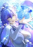  1girl :q absurdres breasts bubble cantarella_(wuthering_waves) commentary facial_mark hair_between_eyes hand_up headdress highres jellyfish large_breasts mark_under_eye purple_eyes purple_hair shrug_(clothing) smile solo tongue tongue_out upper_body watatai white_shrug wuthering_waves 